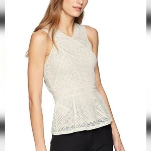 BCBGMaxAzria Hanne Geometric Lace Peplum Top Cream/Nude Size Large Like New